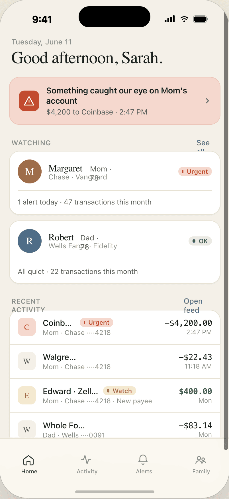 The Rowan app showing a calm overview of watched accounts